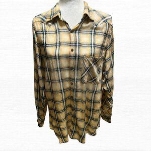 Free People One Rayon Gauze Ombre Plaid Shirt Yellow High Low Raw Hem Small